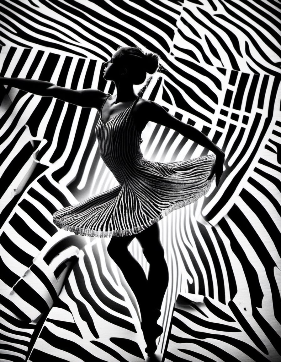 B & W photograph of a dancer embedded within a pattern of thick zebra lines by NowhereManGo on Tensor.Art