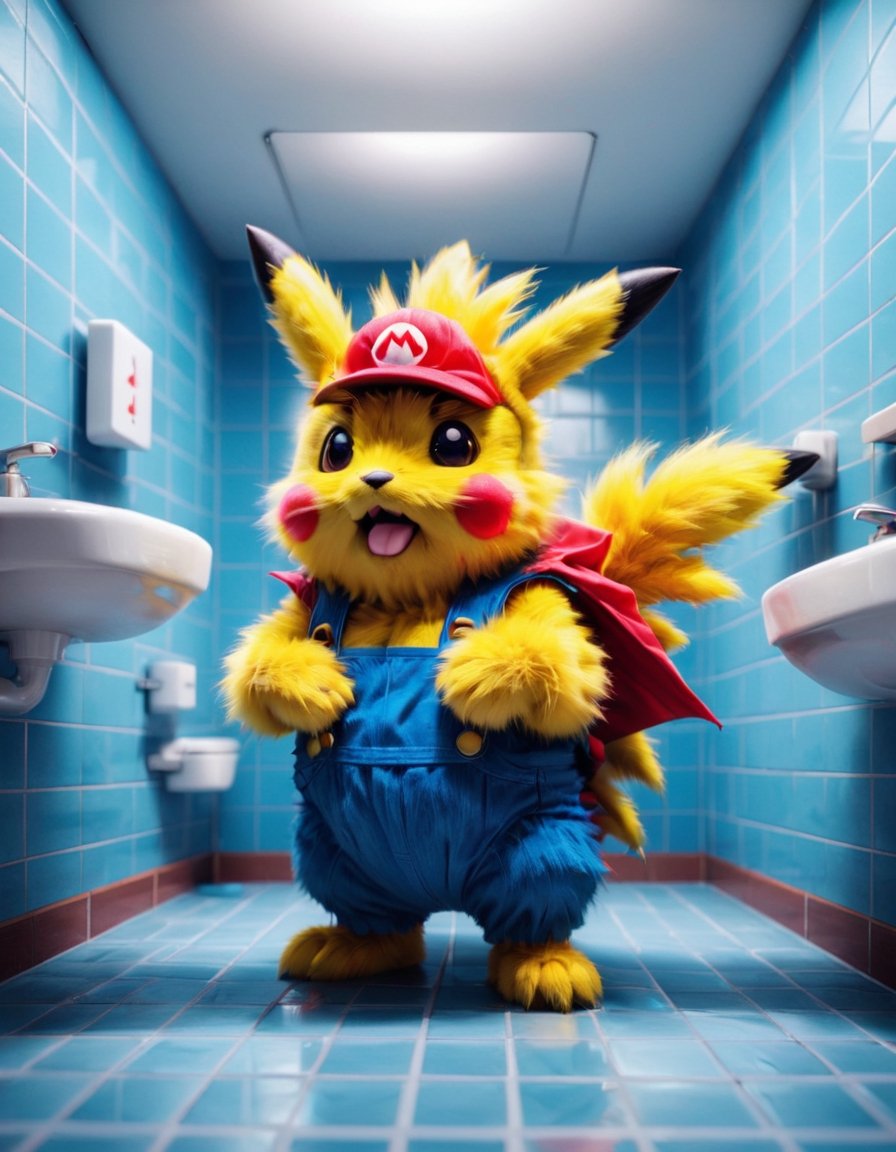 Furry Pikachu dressed as Super mario,  working as a plumber in the bathroom by NowhereManGo on Tensor.Art
