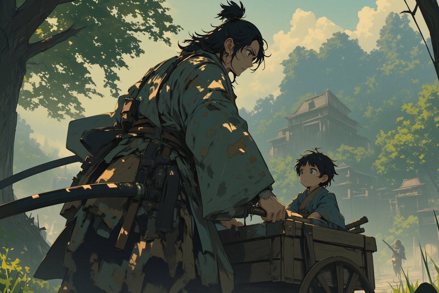 lyh_niji lyh Anime. A stoic samurai dressed in traditional tattered kimono pushes a wooden cart through a serene yet dangerous landscape. Inside the cart sits a small child, quietly observing the world with wide eyes, drawing clear inspiration from "Lone Wolf and Cub." The samurai's hand grips the handle of the cart firmly, while his other hand rests on the hilt of his katana, ready for any threat. The background is a misty forest or ancient village, with hints of danger lurking in the shadows. The scene exudes a sense of duty, protection, and the quiet intensity of a warrior's journey.,