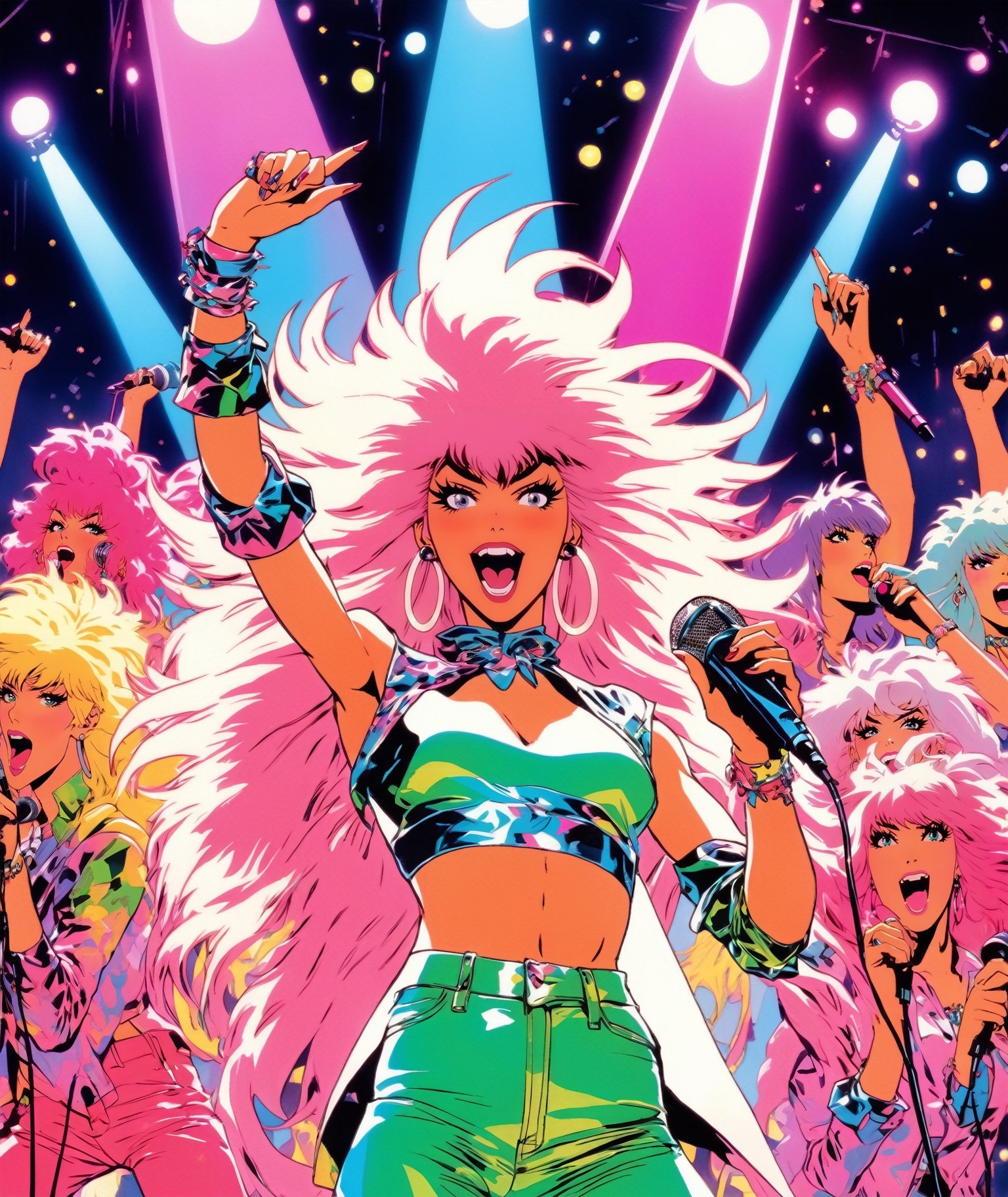 Anime artwork. Full body photo of Jem and the Holograms,  standing on stage,  shot from below. Jem holds Mic on her hand b...