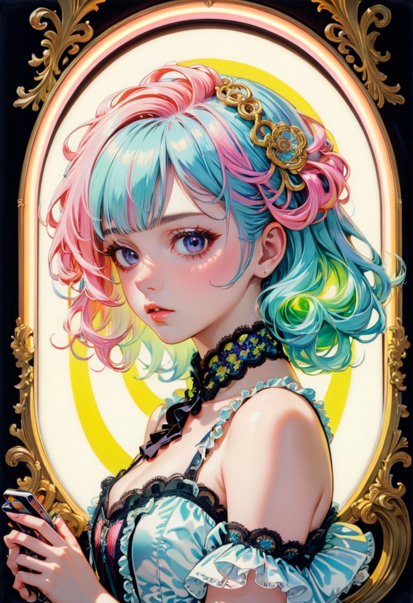 anime_artwork, rococo, grand_photograph, polaroid, annoyed_girl, neon_glowing_hair, canon_5d_mark_4, neon_light, kodak_ektar, flamboyant, pastel_colors, curved_lines, elaborate_detail, rococo, art by j.c. leyendecker