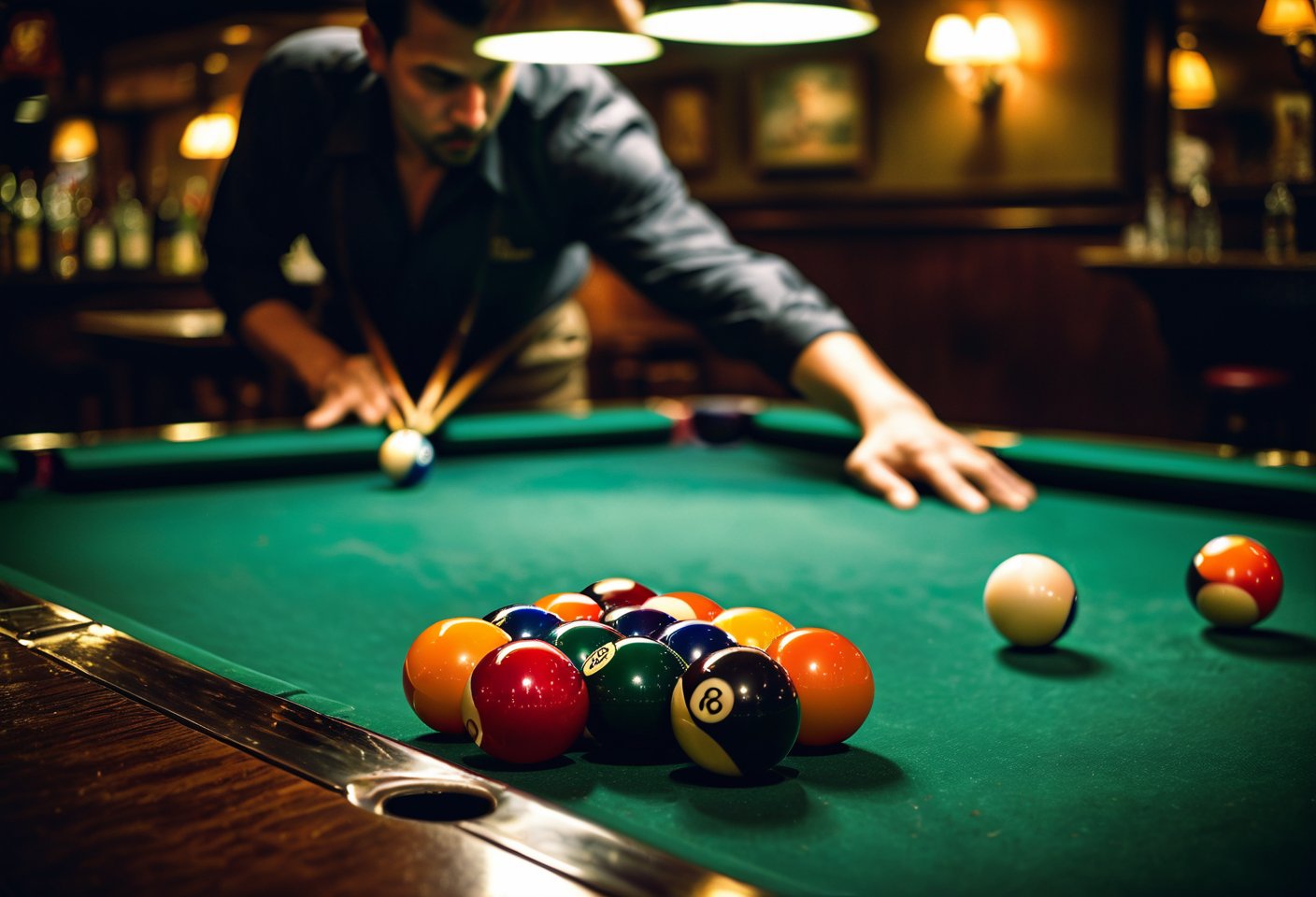 Photo. Closeup of people shooting pool at a local bar. Fine art photography, iconic, dynamic angle, dynamic pose, macro, photograph, sharp, focussed, Lomography Color 100, F/14, beautiful detailed supreme quality color intricate, extremely stylish, deep aesthetic, sharp focus, magnificent, dynamic dramatic composition