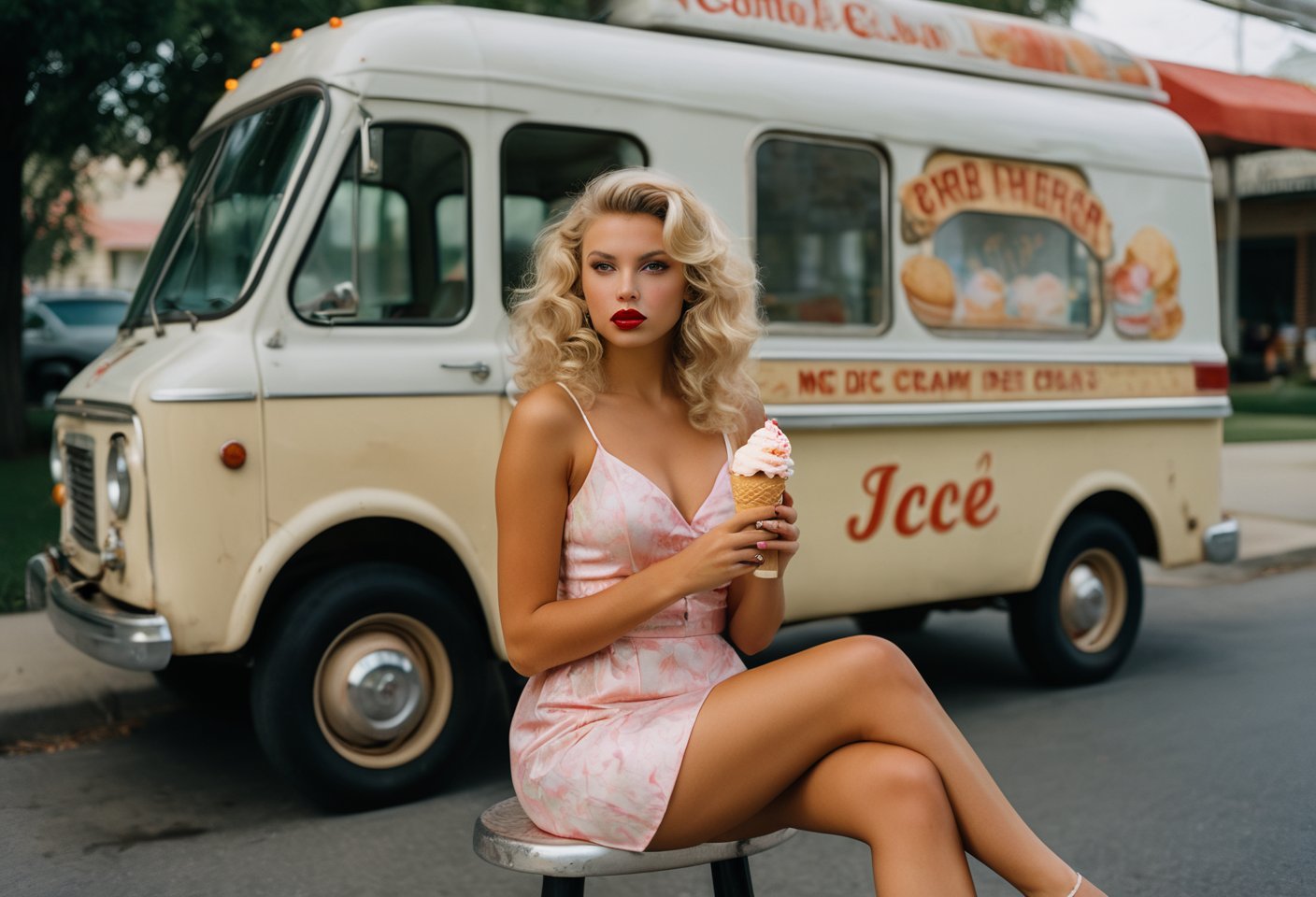  Dutch Angle. Closeup photo of a blonde woman, wavy permed hair, wearing mini dress, sitting astride, beside an ice cream truck. Style by J.C. Leyendecker. Canon 5d Mark 4, Kodak Ektar, 35mm 