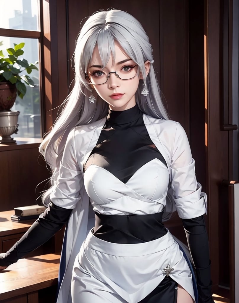 photorealistic, high resolution, 1 women, solo, hips up:1.8, look at viewer, (detailed face), white hair, long hair, skirt, glasses, medium breasts,ph bronya