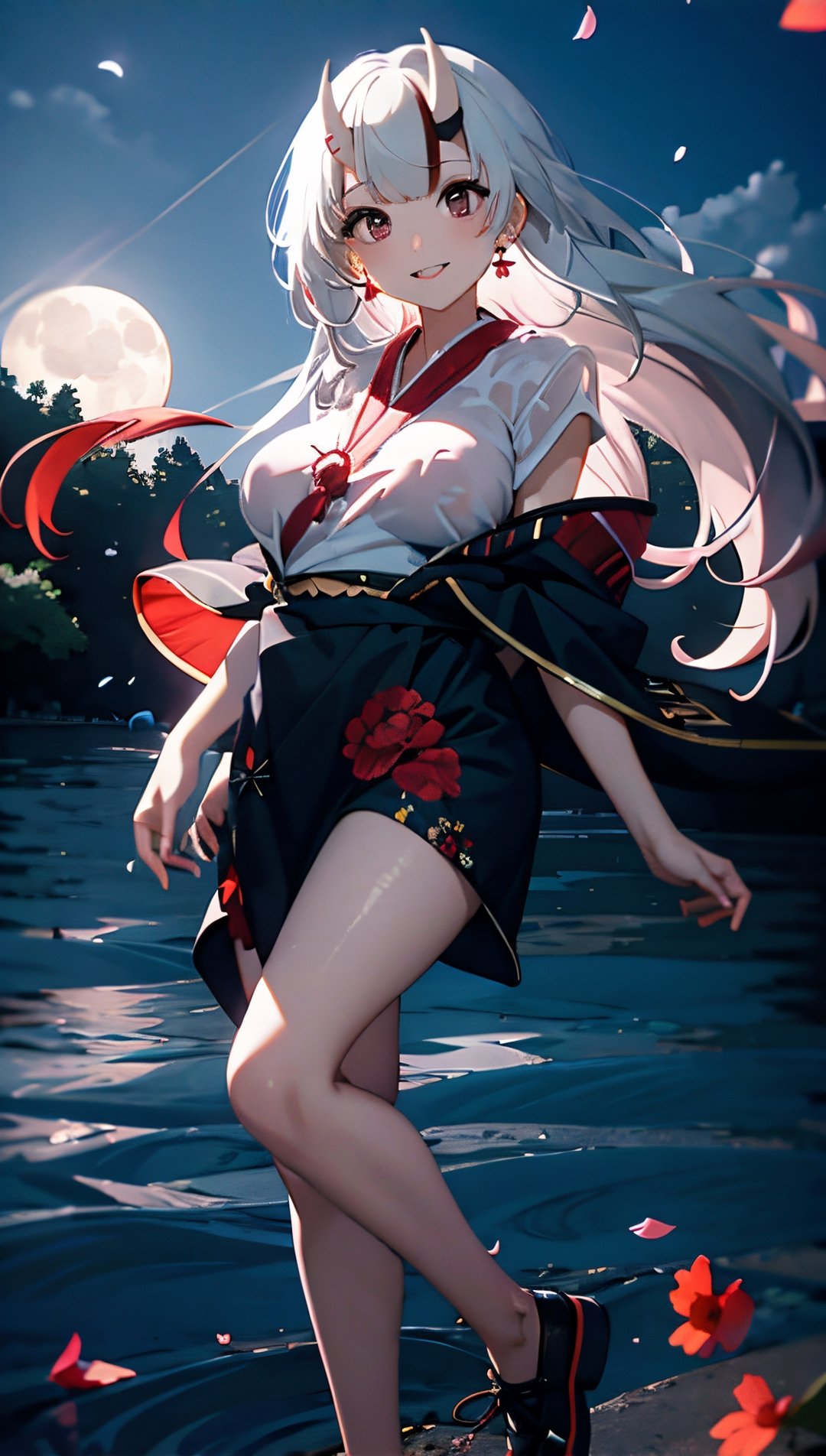 best quality, 1girl, standing, white hair, hanbok, full body shot, shoes, (colorful),(delicate eyes and face), volumatic light, extremely detailed CG unity 8k wallpaper,smile,((flying petal)), cloudy_sky, moonlight, moon, night, (dark theme:1.3), kimono:1.8, light, fantasy, best quality, lens flare, depth of field, motion blur, 
Gigantic breasts,wetshirt,High detailed ,Nakiri Ayame