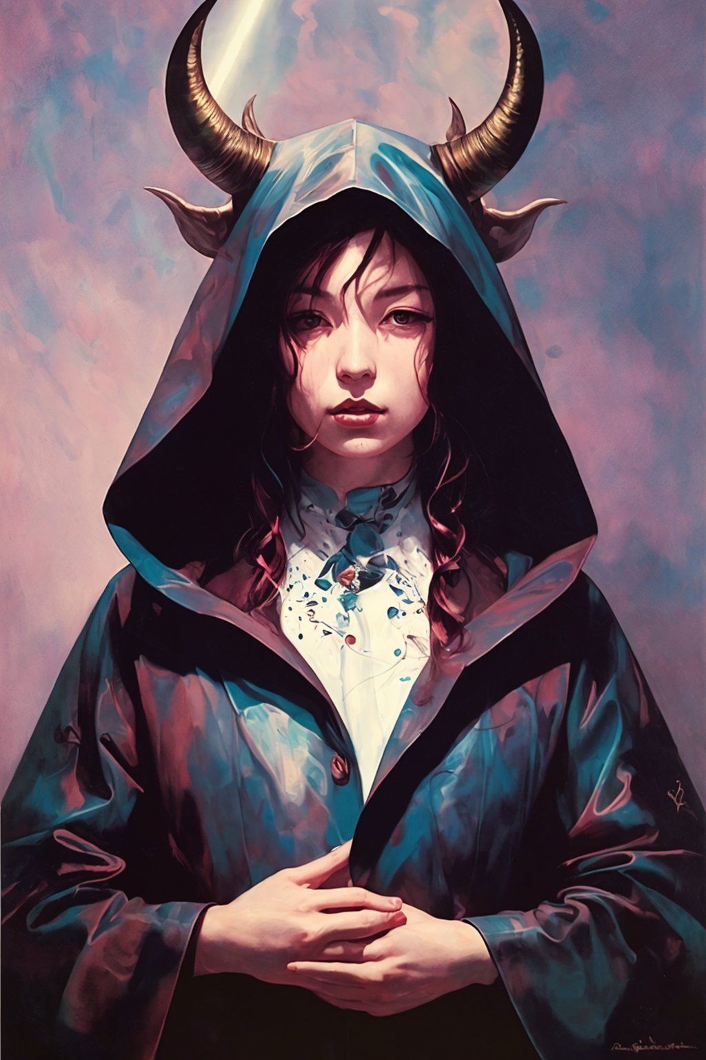 masterpiece,best quality,hooded horned tiefling in the style of adrian ghenie, dark, shadows, liquid, neon, beams of light, esao andrews, jenny saville, edward hopper, surrealism, (((dark art by james jean))), (takato yamamoto), inkpunk minimalism )