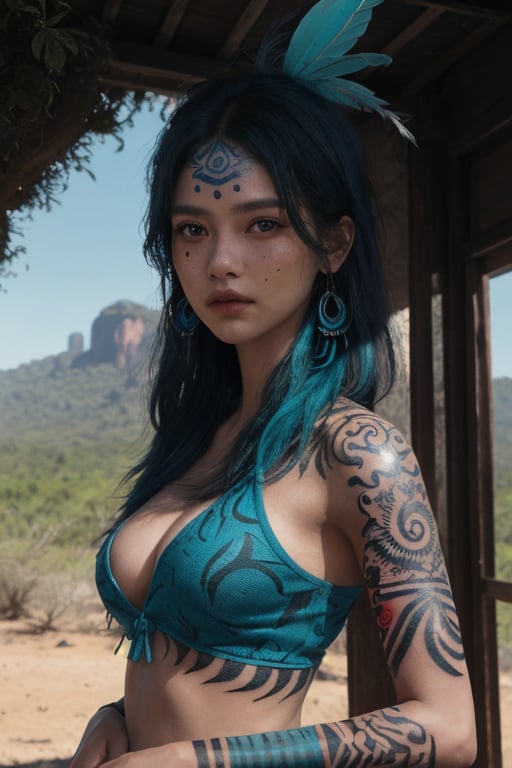 (masterpiece, best quality, high quality, high resolution, ultra detail), solo, looking at viewer, detailed background, detailed face, (tribal theme: 1.1) wild jungle warrior, 1 stunning female, blue with teal tribal clothing, feathers, partially visible breasts, wild posture, stone knife,blue tribal tattoo,(blue small tattoo on face,natural colors), desert, rocks, vines, mysterious, village in the background, wildlife in the background, sunlight, cinematic atmosphere, cinematic,, mysterious, intricate, extremely detailed, (bokeh, UHD, HDR, highres, ultra detailed, intricate details, textural effects, absurdres, masterpiece, 8k:1.2), natural sunrise light