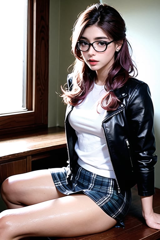 1girl,(masterpice),best quality, high quality, high detailed,high detailed face, perfect body, good body, big_ass, small_breasts, green_eyes, breasts,glasses, hair ornament,purple_eyeshadow, pink_hair,makeup,long_hair,lipstick,blush,braided_hair,female,female_only,afternoon on farm,sit on window chair,black leather jacket,plaid red skirt,plaid skirt,black socks,sakimichan style,skin_contrast,tight_clothing