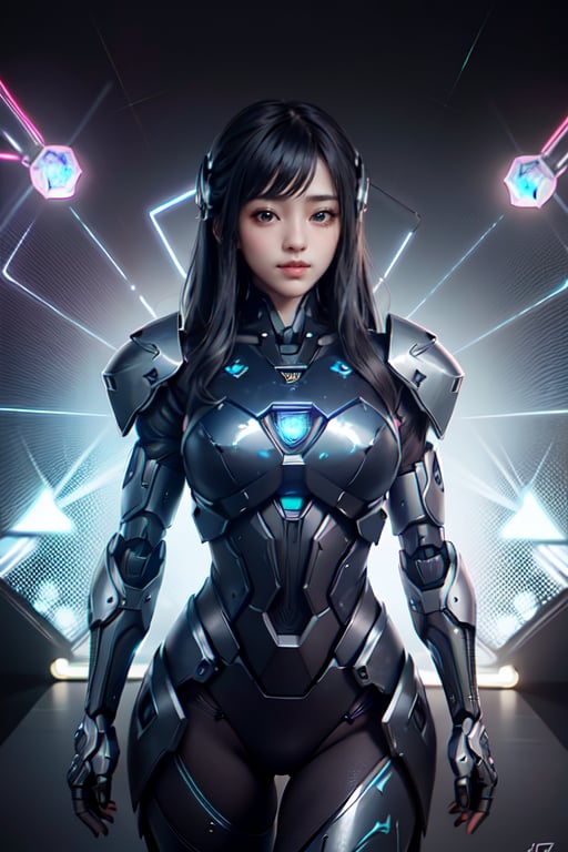 1girl, smirk, armor, black background,cyberpunk robot,halo,psychedelic,by mooncryptowow,complex robot, cowboy shot