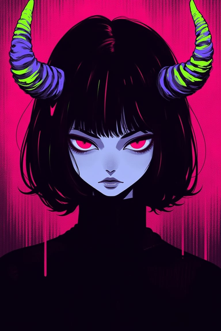 1girl, portrait, goth, colorfull horns, bob cut, seriuous expresion, inexpresive, black hair , looking at viewer, gradient pink and black background,kawaiicolors, texture