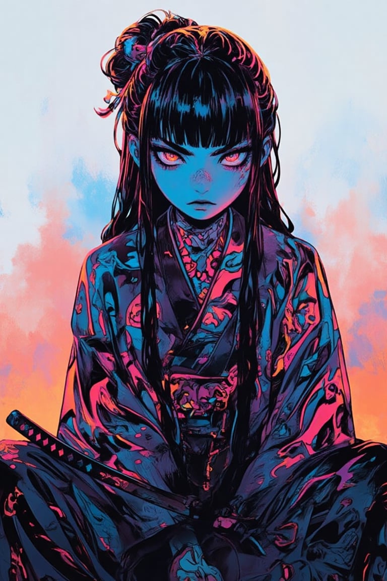 Anime girl with neon tattoos,  black bangs,  and long hair by FD on Tensor.Art