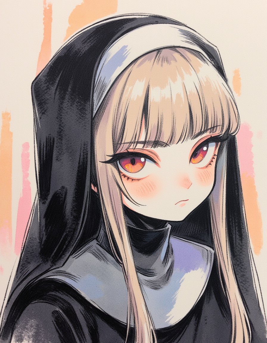 1girl, nun,kawaiicolors, texture paper, brush strokes, 