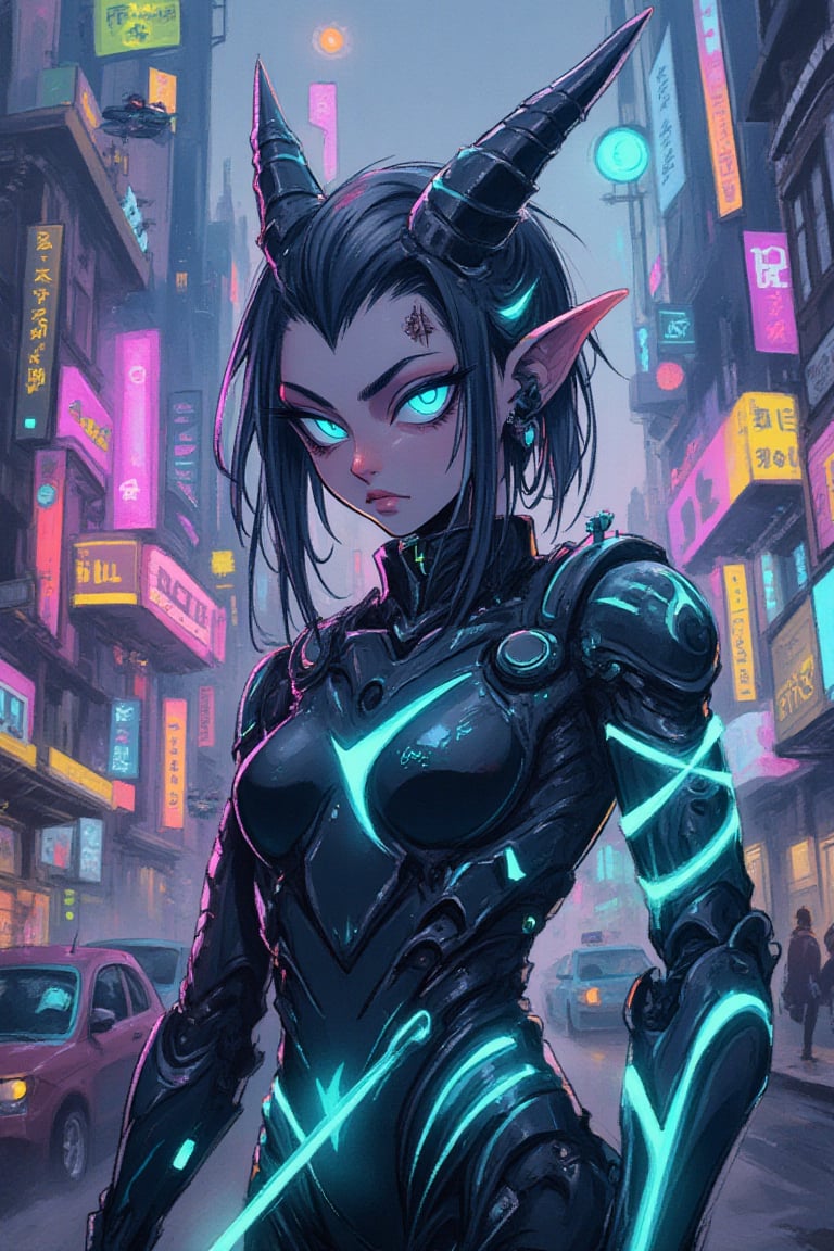 A futuristic cyberpunk elf with robotic enhancements, sleek metallic armor, and glowing neon circuits running across their body. Their ears are long and sharp, adorned with high-tech implants, and their eyes glow with a vibrant blue hue. The elf stands confidently in a dystopian cityscape, with towering skyscrapers, neon-lit streets, and flying vehicles in the background. Their robotic limbs are elegantly designed, blending advanced technology with elven grace, holding a glowing energy weapon. The scene is illuminated by holographic advertisements and the ambient glow of the city's tech-driven environment. ,anime style, \mechako\,kawaiicolors, texture