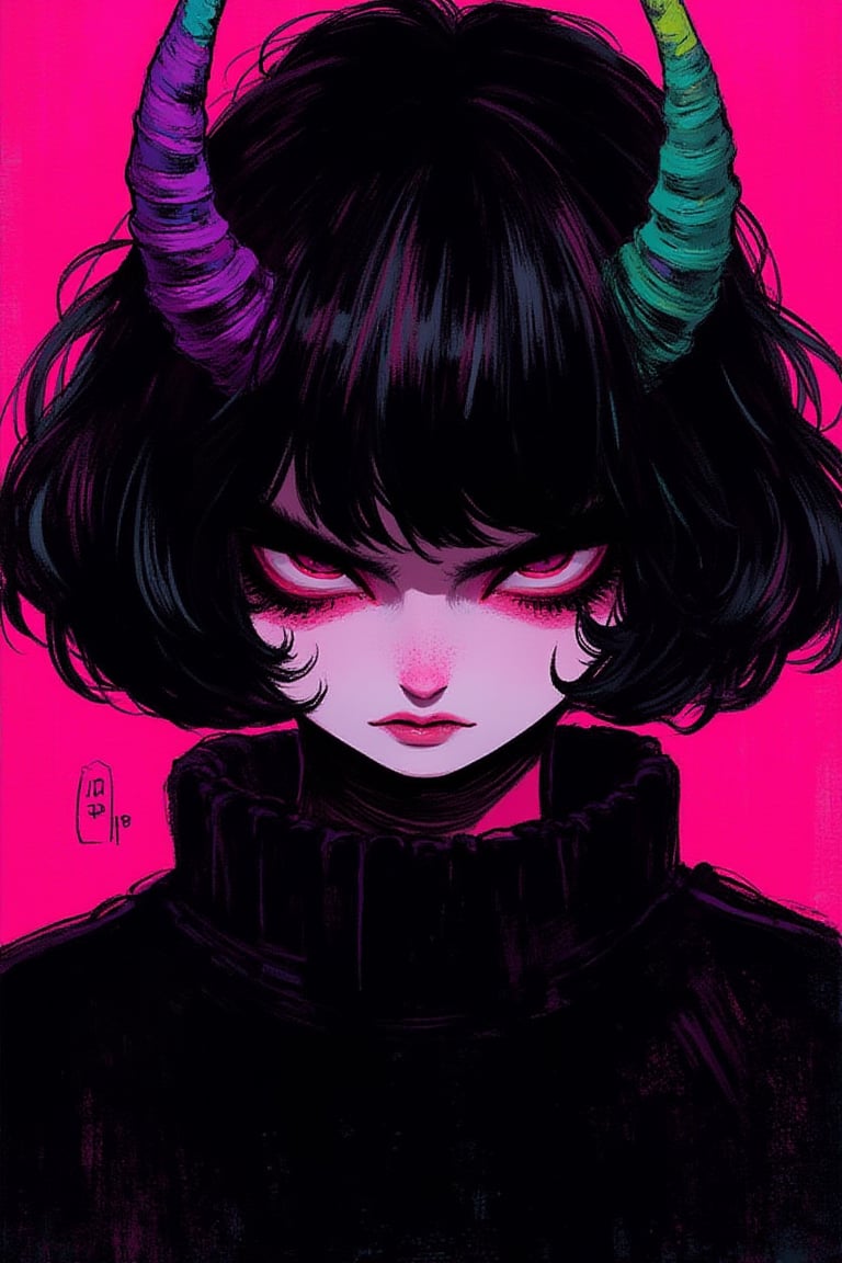 1girl, portrait, goth, colorfull horns, bob cut, seriuous expresion, inexpresive, black hair , looking at viewer, gradient pink and black background,kawaiicolors, texture