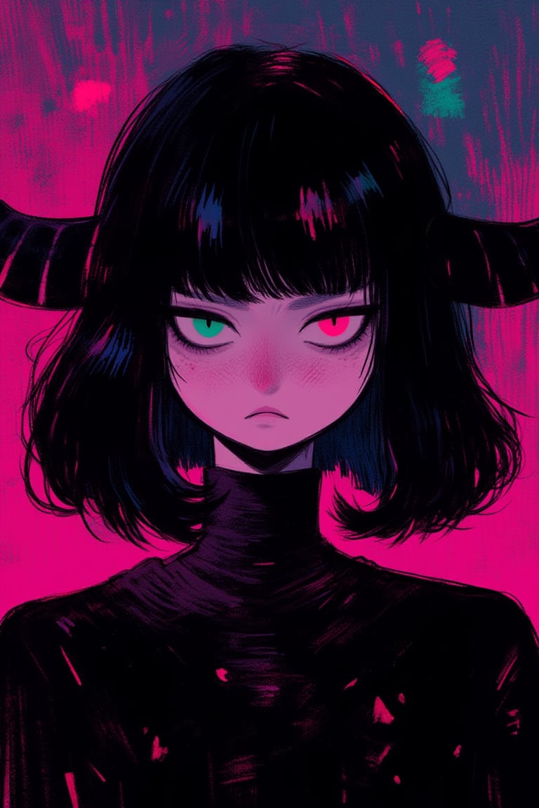 1girl, portrait, goth, colorfull horns, bob cut, seriuous expresion, inexpresive, black hair , looking at viewer, gradient pink and black background,kawaiicolors, texture