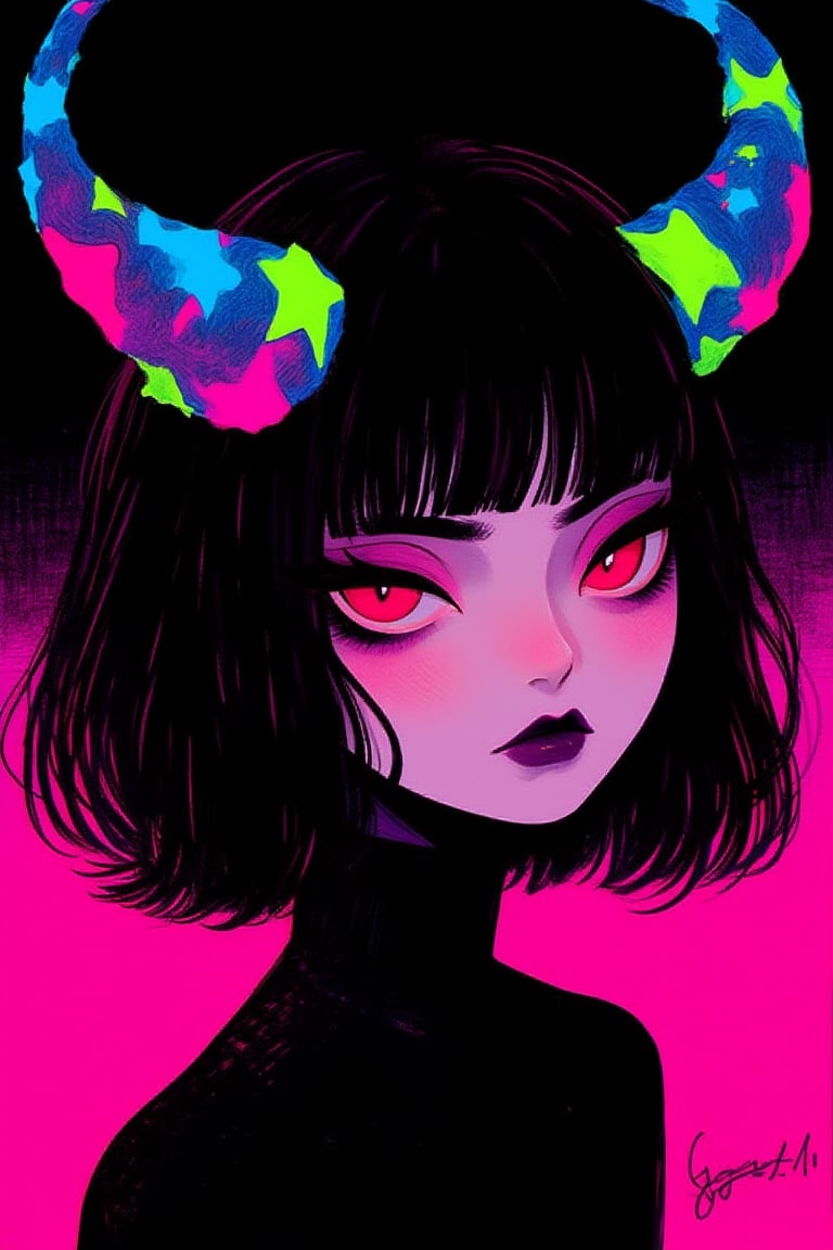 1girl, portrait, goth, colorfull horns, bob cut, seriuous expresion, inexpresive, black hair , looking at viewer, gradient pink and black background,kawaiicolors, texture