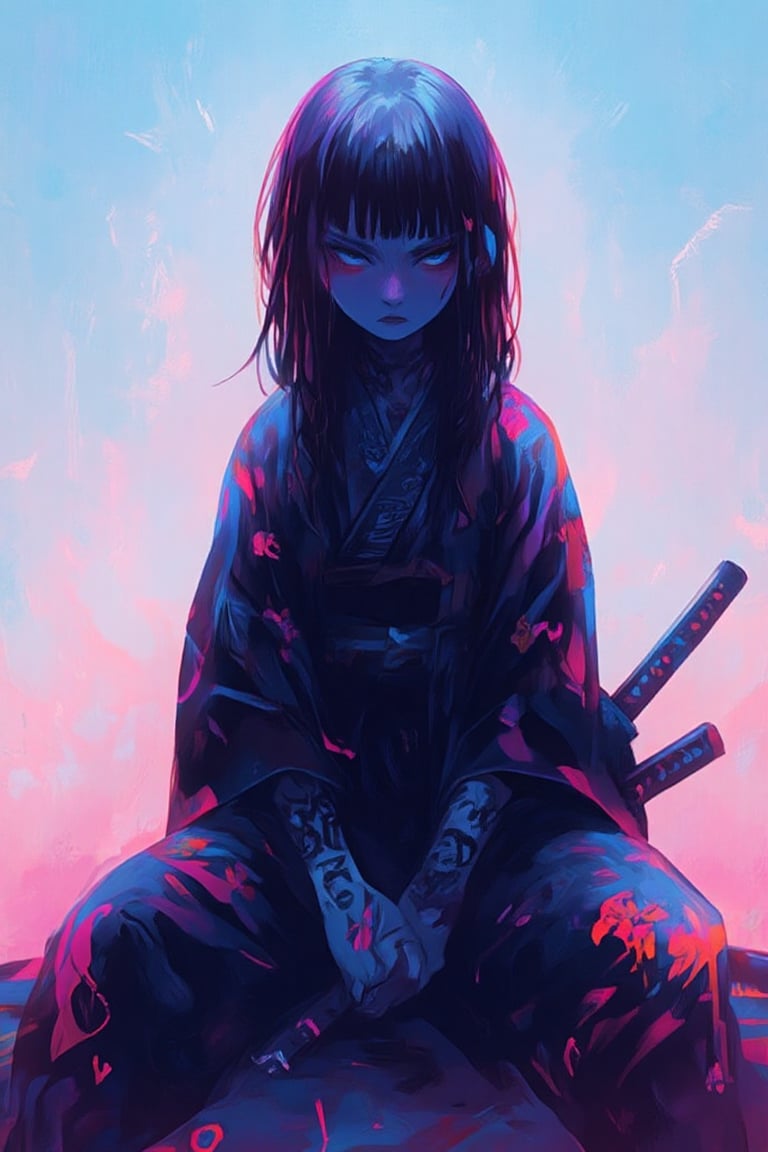 Anime girl with neon tattoos,  black bangs,  and long hair by FD on Tensor.Art