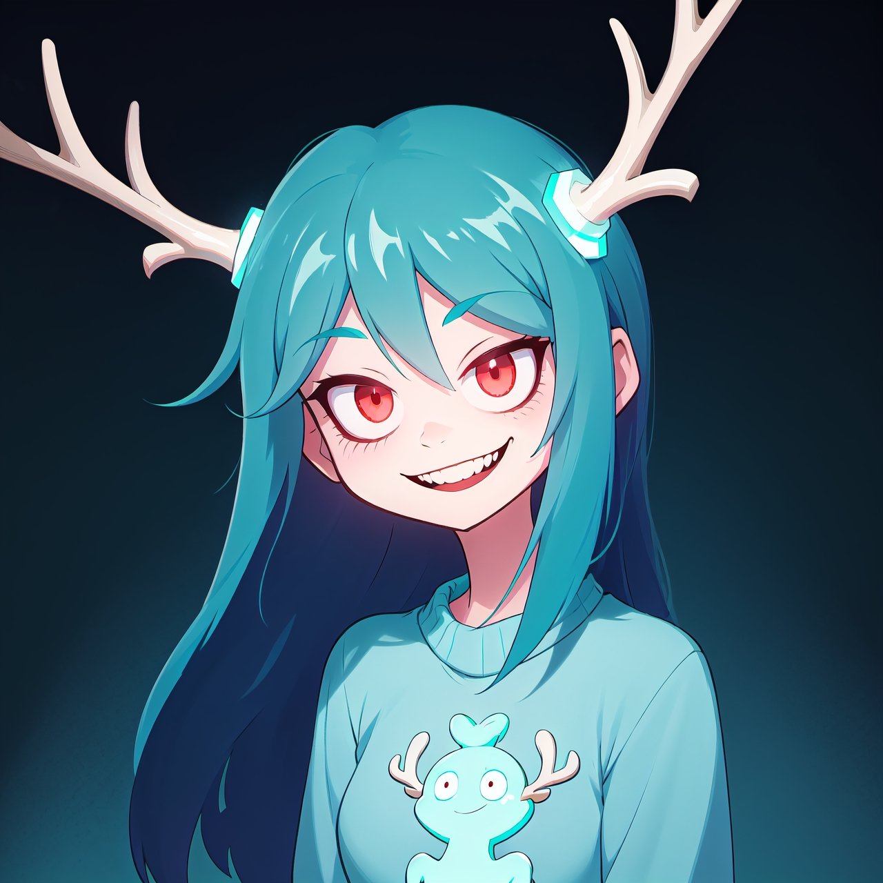 2d, 1gir, long_hair, cyan hair, red eyes, big eyes, fair skin, light blue sweater, white deer horns, smile, looking at viewer, upper body, perfect lighting, simple background