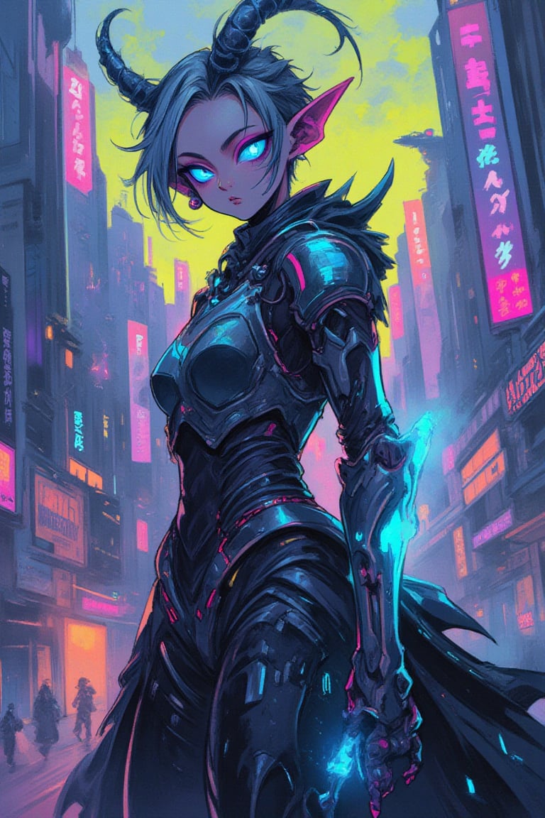 A futuristic cyberpunk elf with robotic enhancements, sleek metallic armor, and glowing neon circuits running across their body. Their ears are long and sharp, adorned with high-tech implants, and their eyes glow with a vibrant blue hue. The elf stands confidently in a dystopian cityscape, with towering skyscrapers, neon-lit streets, and flying vehicles in the background. Their robotic limbs are elegantly designed, blending advanced technology with elven grace, holding a glowing energy weapon. The scene is illuminated by holographic advertisements and the ambient glow of the city's tech-driven environment. ,anime style, \mechako\,kawaiicolors, texture