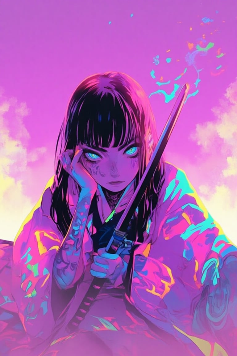 Anime girl with neon tattoos,  black bangs,  and long hair by FD on Tensor.Art