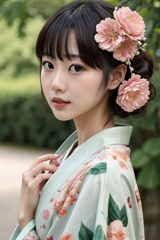 1girl, solo, outdoor, cute japanese model girl, kimono, floral print, hair ornament, looking at viewer, hair flower, brown eyes, bangs, masterpiece, best quality, realistic