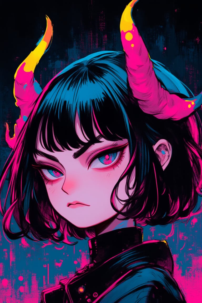 1girl, portrait, goth, colorfull horns, bob cut, seriuous expresion, inexpresive, black hair , looking at viewer, gradient pink and black background,kawaiicolors, texture