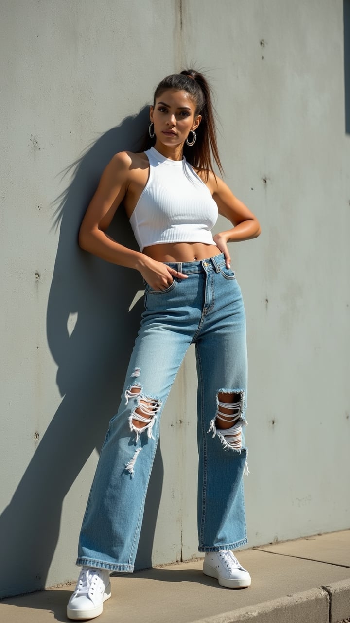 A cinematic photo showcases a striking woman posing confidently against a stark gray concrete wall. She wears a crisp white halter top that accentuates her figure, paired with distressed blue jeans featuring stylish holes, and pristine white sneakers. Her hair is pulled back into a sleek ponytail, revealing her face and large, eye-catching silver hoop earrings. The woman's pose is dynamic and self-assured - her left hand is raised gracefully, while her right hand rests on her hip. Her shadow, cast dramatically on the left side of the image, adds depth and visual interest. The 35mm photograph style captures every detail with stunning clarity, from the texture of the concrete to the subtle play of light on her skin. The image has a shallow depth of field, keeping the focus on the subject while softly blurring the background. High contrast and vivid colors make the woman pop against the monochromatic backdrop. The lighting is expertly crafted, enhancing her natural beauty and creating a captivating interplay of light and shadow. This high-quality, DSLR-like image exudes a perfect balance of urban chic and timeless elegance.