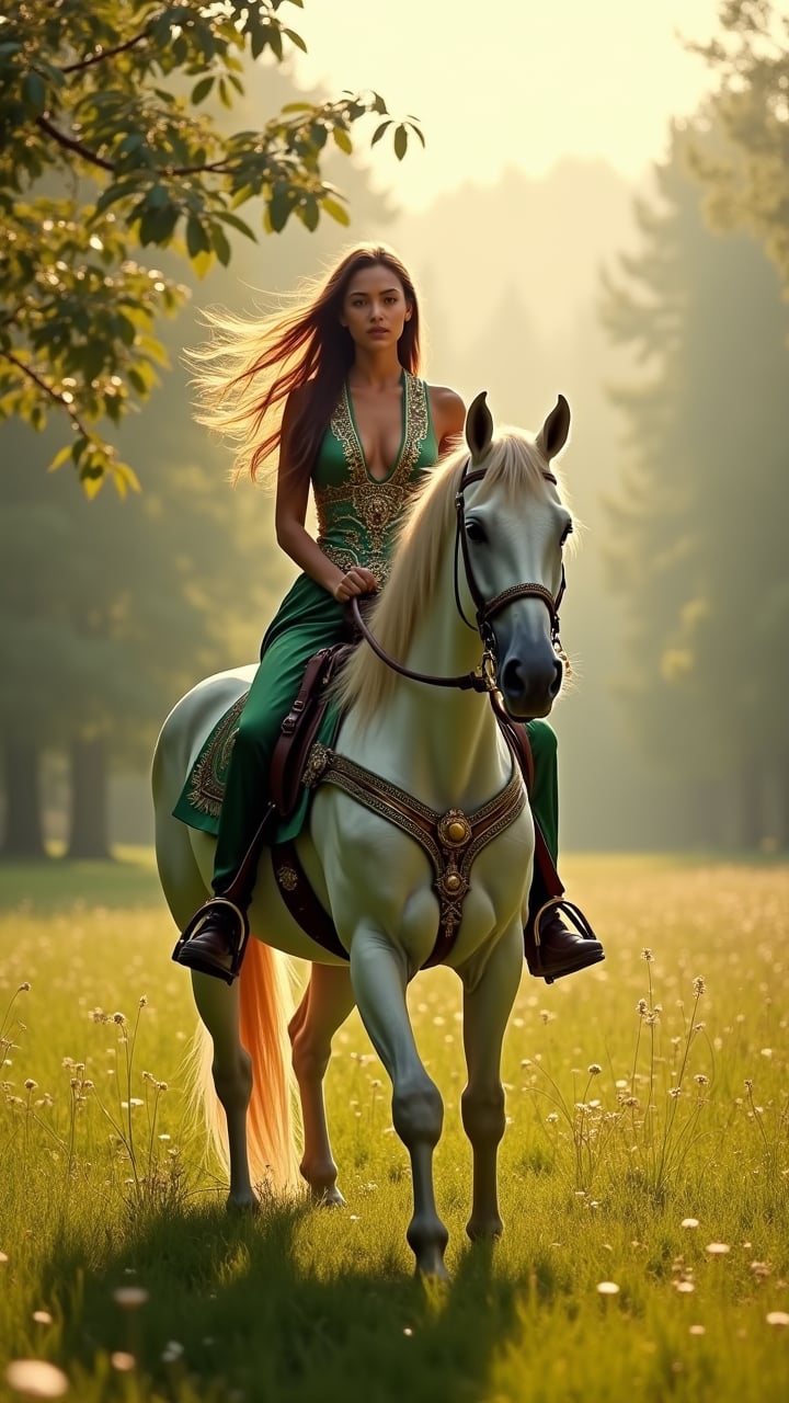 A cinematic 35mm photograph captures a breathtaking scene of a beautiful woman riding a majestic horse through a lush, sunlit meadow. The rider, a young woman with long, flowing hair caught in a gentle breeze, wears an intricately designed green and gold bodysuit that seamlessly blends with the horse's ornate harness. Her pose is confident and graceful, perfectly complementing the horse's elegant stance. The horse, a stunning white breed with a golden tail, stands proudly in the foreground, its muscular form and sleek coat glistening in the warm light. The setting is idyllic - a vibrant green field bordered by trees, their leaves dappling the sunlight. The background fades into a misty forest, creating depth and atmosphere. Shot with professional DSLR quality, the image employs sharp focus on the subjects while softly blurring the background. The lighting is exquisite, with golden hour sunlight enhancing the warm tones of the rider's hair and the horse's coat, creating a dreamlike, almost fantastical atmosphere. Every detail is crisp, from the intricate patterns on the rider's attire to the individual blades of grass in the foreground.