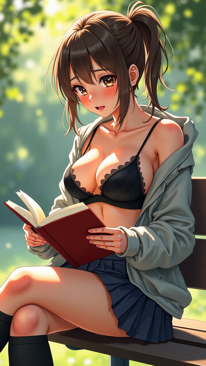 A sophisticated fusion of anime and fine art watercolor styling, depicting a young woman's provocative reaction to her biology textbook. Her petite figure perches alluringly on a sun-dappled park bench, one leg drawn up sensually onto the bench, causing her pleated skirt to ride up teasingly along her thigh. She wears an unzipped hoodie that deliberately reveals her ample chest and delicate black lace bralette beneath. The artistic composition balances innocence and seduction - scattered freckles painted with masterful technique across her round, blushing face, while her brown hair, styled in a slightly messy ponytail, catches the summer light with painterly highlights. Her small hands hold the biology book at arm's length, the pose accentuating her curvaceous figure and creating an enticing view of her high-socked legs. Her half-parted lips and raised eyebrows express a mixture of shock and embarrassment, rendered in refined anime style with rich textures. The surrounding park bathes her in dappled sunlight, creating artistic patterns across her exposed skin and the subtle lace details. Each element showcases gallery-quality attention to detail, from the fabric's tension around her generous curves to the playful interplay of light on her thigh-high socks.