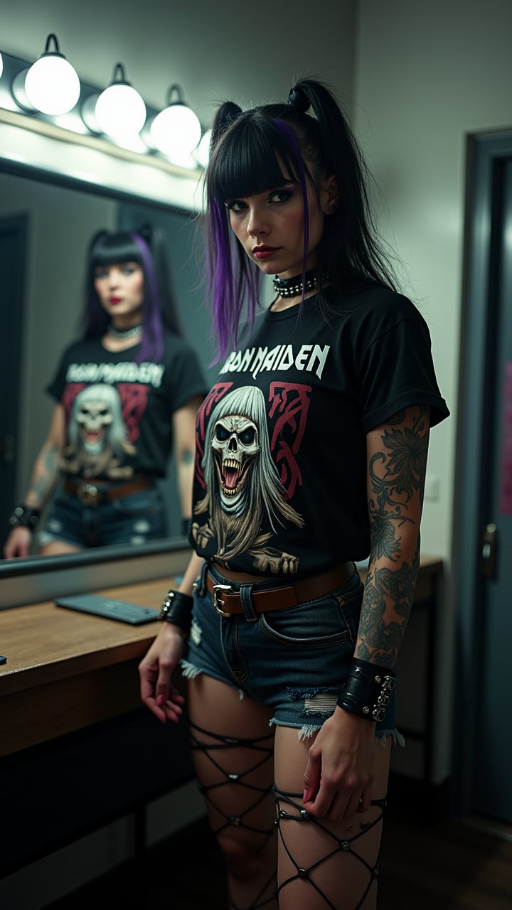 A cinematic 35mm photo captures a striking Nordic woman (25) in a dimly lit dressing room. She stands confidently before a large, illuminated mirror, wearing a worn Iron Maiden shirt, ripped denim shorts, and fishnet stockings. Her black and purple hair, gothic makeup, and edgy accessories (spiked choker, wristbands) complete her look. A sleeve tattoo adorns one arm. The image, shot with a Canon EOS R5, employs Rembrandt lighting for dramatic effect. Hyper-realistic details showcase the texture of her clothing and the intensity of her gaze. The composition balances intimacy with artistry, creating a powerful portrait that embodies epic realism. The dressing room background is slightly blurred, keeping focus on the subject. The photo exudes a provocative yet artistic atmosphere, capturing the essence of gothic rock style.