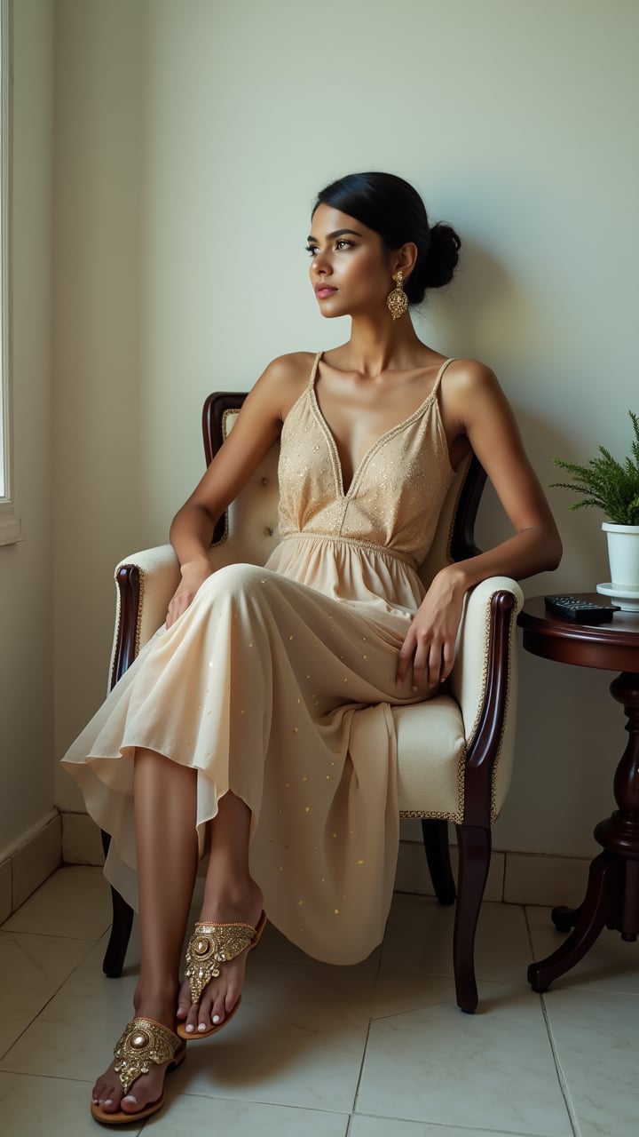 A cinematic 35mm photograph captures an elegant scene of a South Asian woman seated on a vintage-style chair against a plain white wall. She wears a beige, sequined dress that shimmers subtly in the soft lighting, complemented by intricately embellished golden sandals. Her dark hair is styled in a neat bun, emphasizing her contemplative expression. The woman's legs are crossed, drawing attention to her stylish footwear. To her right, a small table holds a potted plant and a remote control, adding context to the setting. The tiled floor beneath her feet provides a subtle texture contrast to the smooth wall. A hint of a window or door frame on the left side of the image subtly frames the composition. The photo, shot with professional DSLR quality, employs sharp focus on the subject while creating a softly blurred background. The high-contrast image brings out vivid details, from the intricate sequins on her dress to the delicate embellishments on her sandals. Natural lighting bathes the scene, highlighting the warm tones of her skin and the metallic accents of her outfit. The composition balances intimacy with a sense of space, capturing both the subject's pensive mood and the elegant simplicity of her surroundings.