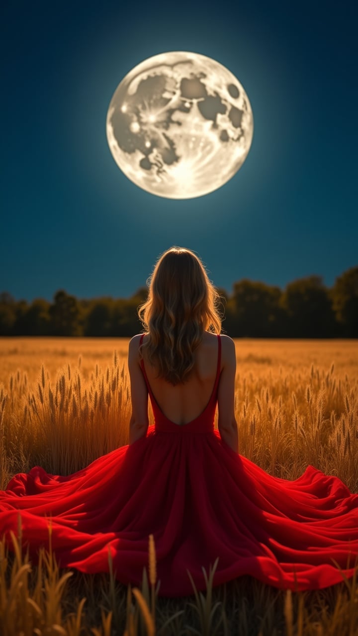 A woman in a vibrant red dress sits in a golden wheat field, captured in 4k resolution with sharp focus. Her back faces the camera as she gazes up at an impossibly large full moon, rendered with high contrast and perfect lighting. The moon dominates the night sky with intricate details of its craters and surface patterns clearly visible, appearing closer and larger than reality with professional quality. The tall wheat grass surrounding her glows with vivid colors in warm amber hues, backlit by the moon's luminescence. Her elegant dress features a low-cut back and flowing skirt that spreads gracefully around her on the ground, creating balanced composition. The dark blue night sky provides a dramatic backdrop, while the distant treeline silhouettes the horizon. The professional lighting creates a magical atmosphere as moonlight catches each blade of grass and fold of fabric with precise detail.