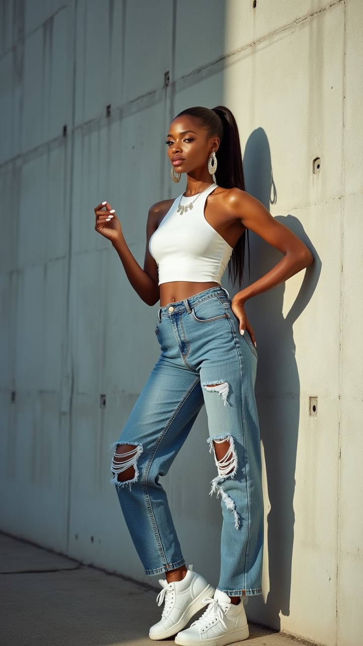 A cinematic photo showcases a striking woman posing confidently against a stark gray concrete wall. She wears a crisp white halter top that accentuates her figure, paired with distressed blue jeans featuring stylish holes, and pristine white sneakers. Her hair is pulled back into a sleek ponytail, revealing her face and large, eye-catching silver hoop earrings. The woman's pose is dynamic and self-assured - her left hand is raised gracefully, while her right hand rests on her hip. Her shadow, cast dramatically on the left side of the image, adds depth and visual interest. The 35mm photograph style captures every detail with stunning clarity, from the texture of the concrete to the subtle play of light on her skin. The image has a shallow depth of field, keeping the focus on the subject while softly blurring the background. High contrast and vivid colors make the woman pop against the monochromatic backdrop. The lighting is expertly crafted, enhancing her natural beauty and creating a captivating interplay of light and shadow. This high-quality, DSLR-like image exudes a perfect balance of urban chic and timeless elegance.