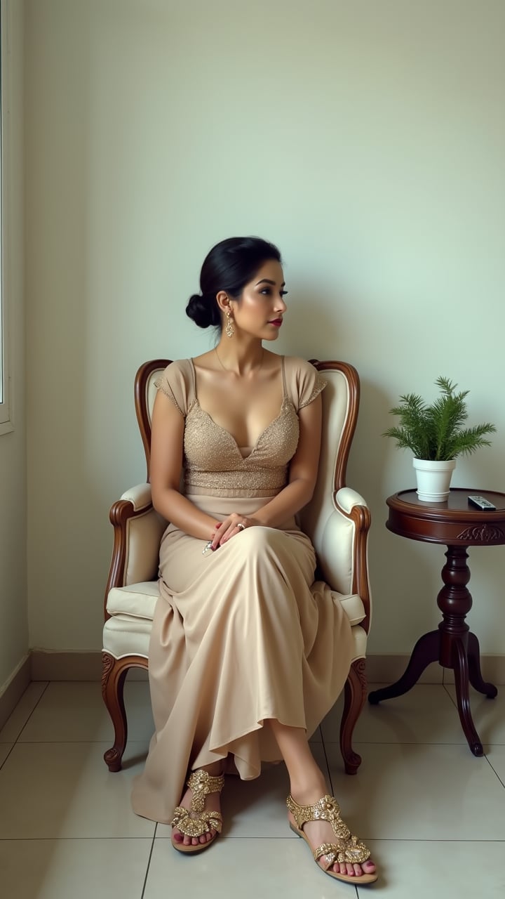 A cinematic 35mm photograph captures an elegant scene of a South Asian woman seated on a vintage-style chair against a plain white wall. She wears a beige, sequined dress that shimmers subtly in the soft lighting, complemented by intricately embellished golden sandals. Her dark hair is styled in a neat bun, emphasizing her contemplative expression. The woman's legs are crossed, drawing attention to her stylish footwear. To her right, a small table holds a potted plant and a remote control, adding context to the setting. The tiled floor beneath her feet provides a subtle texture contrast to the smooth wall. A hint of a window or door frame on the left side of the image subtly frames the composition. The photo, shot with professional DSLR quality, employs sharp focus on the subject while creating a softly blurred background. The high-contrast image brings out vivid details, from the intricate sequins on her dress to the delicate embellishments on her sandals. Natural lighting bathes the scene, highlighting the warm tones of her skin and the metallic accents of her outfit. The composition balances intimacy with a sense of space, capturing both the subject's pensive mood and the elegant simplicity of her surroundings.