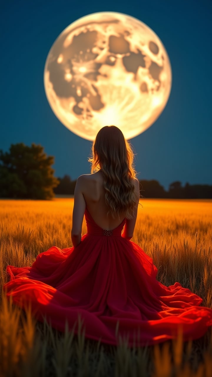 A woman in a vibrant red dress sits in a golden wheat field, captured in 4k resolution with sharp focus. Her back faces the camera as she gazes up at an impossibly large full moon, rendered with high contrast and perfect lighting. The moon dominates the night sky with intricate details of its craters and surface patterns clearly visible, appearing closer and larger than reality with professional quality. The tall wheat grass surrounding her glows with vivid colors in warm amber hues, backlit by the moon's luminescence. Her elegant dress features a low-cut back and flowing skirt that spreads gracefully around her on the ground, creating balanced composition. The dark blue night sky provides a dramatic backdrop, while the distant treeline silhouettes the horizon. The professional lighting creates a magical atmosphere as moonlight catches each blade of grass and fold of fabric with precise detail.