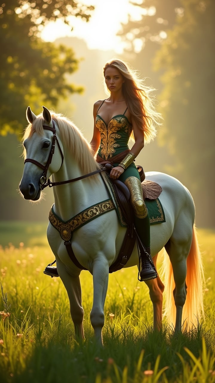 A cinematic 35mm photograph captures a breathtaking scene of a beautiful woman riding a majestic horse through a lush, sunlit meadow. The rider, a young woman with long, flowing hair caught in a gentle breeze, wears an intricately designed green and gold bodysuit that seamlessly blends with the horse's ornate harness. Her pose is confident and graceful, perfectly complementing the horse's elegant stance. The horse, a stunning white breed with a golden tail, stands proudly in the foreground, its muscular form and sleek coat glistening in the warm light. The setting is idyllic - a vibrant green field bordered by trees, their leaves dappling the sunlight. The background fades into a misty forest, creating depth and atmosphere. Shot with professional DSLR quality, the image employs sharp focus on the subjects while softly blurring the background. The lighting is exquisite, with golden hour sunlight enhancing the warm tones of the rider's hair and the horse's coat, creating a dreamlike, almost fantastical atmosphere. Every detail is crisp, from the intricate patterns on the rider's attire to the individual blades of grass in the foreground.