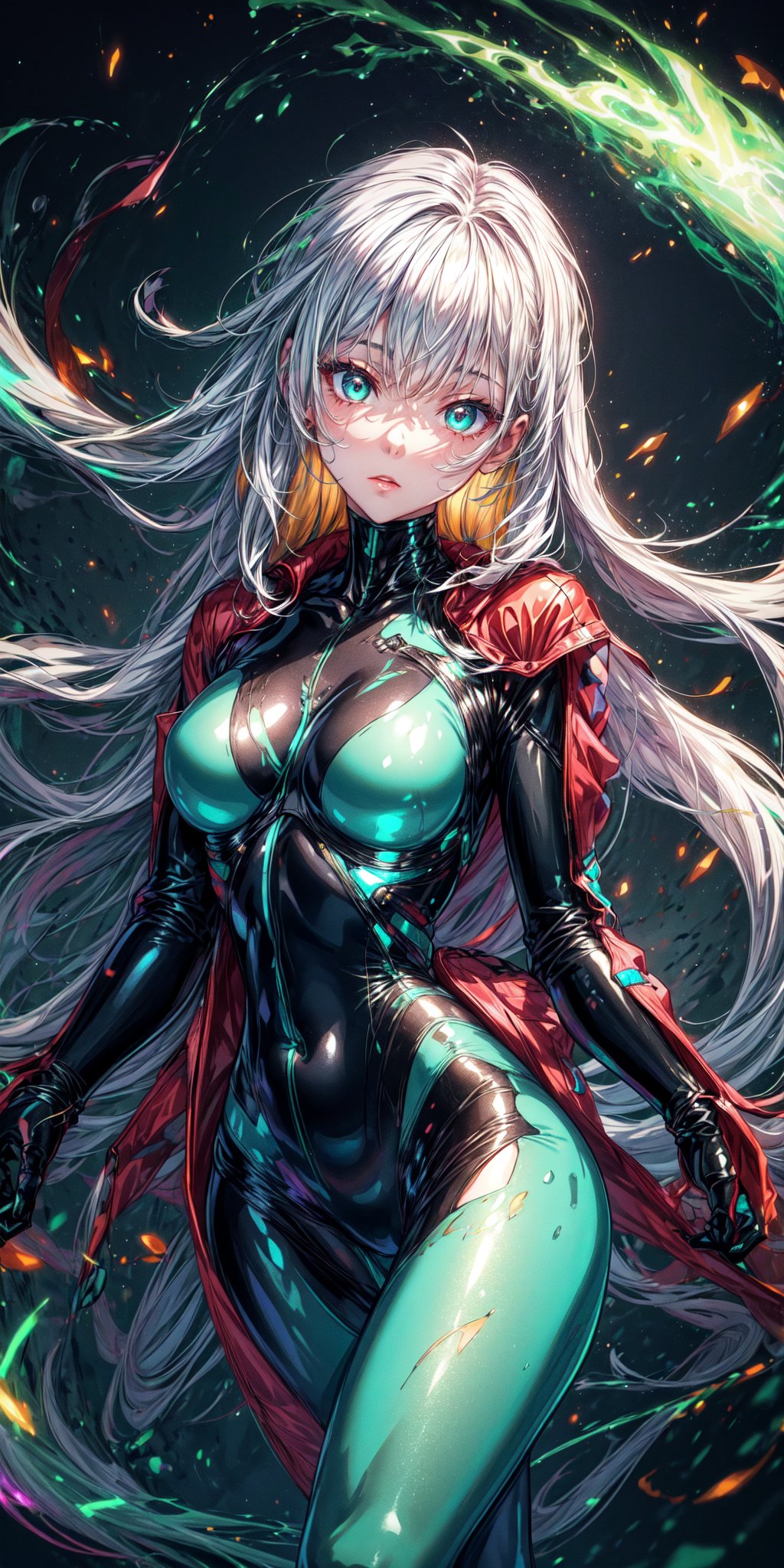 a girl is laying downy,  green tight suit with jacket,  long shiny hair by [ASKARD] on Tensor.Art