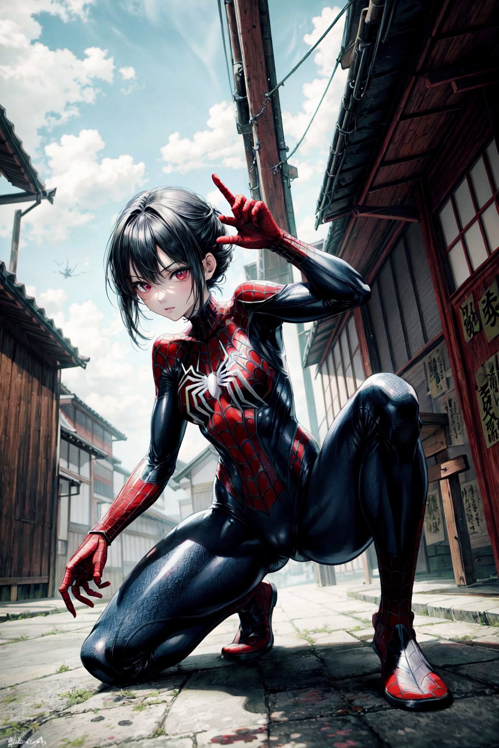 (anime style:1.1) 1girl, solo, full body, scarlet eyes, black hair, samurai, japan roof, shooting spiderweb from right hand, fighting pose,Comic Art Style,spider suit, japanese spiderwoman