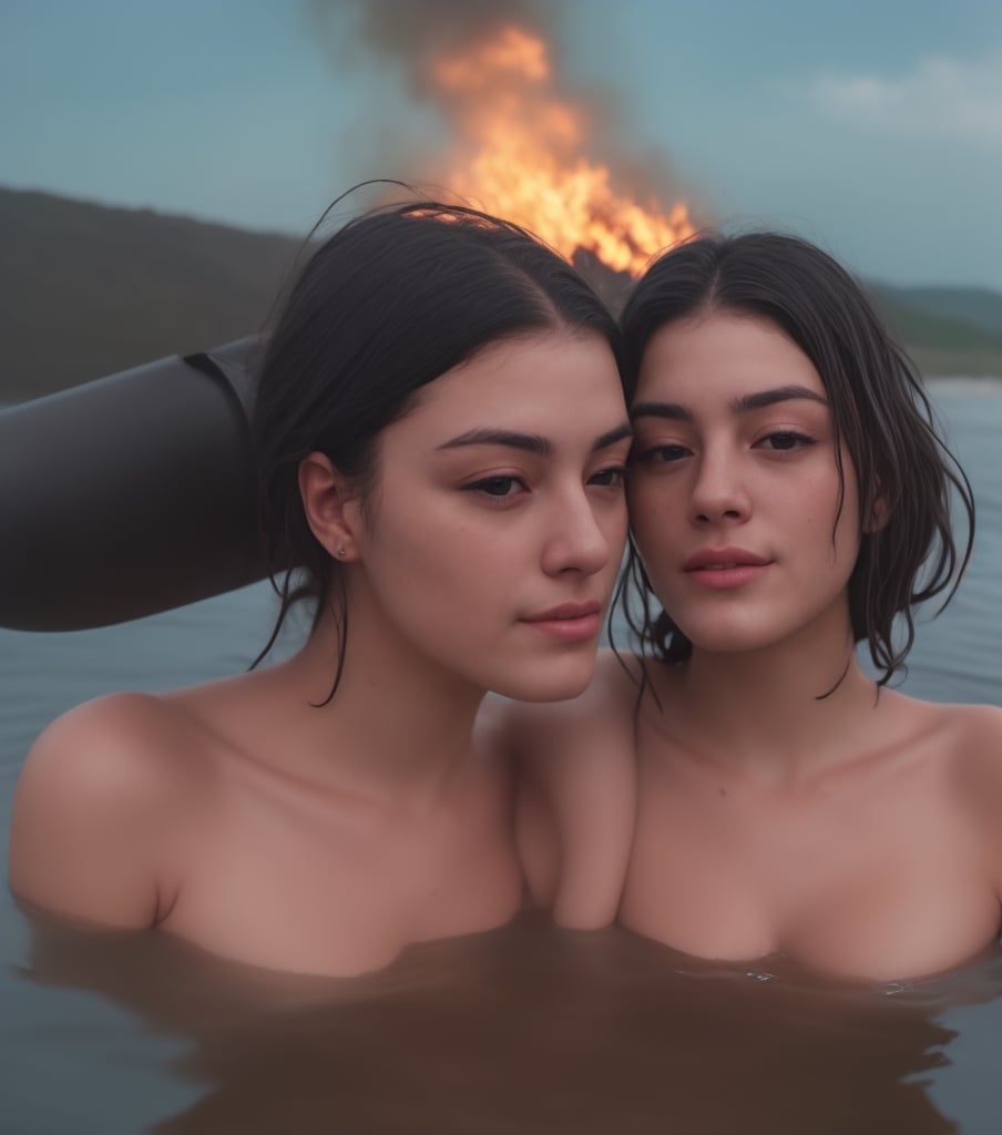 (very detailed), (realistic), (photography), a dirty wet woman with messy hair, camera up, dramatic scene, a woman in a burning field with a fire at the bottom of the water, skin and hair, high skin detail, 4k, film, cinematic, ((MagicPerez))