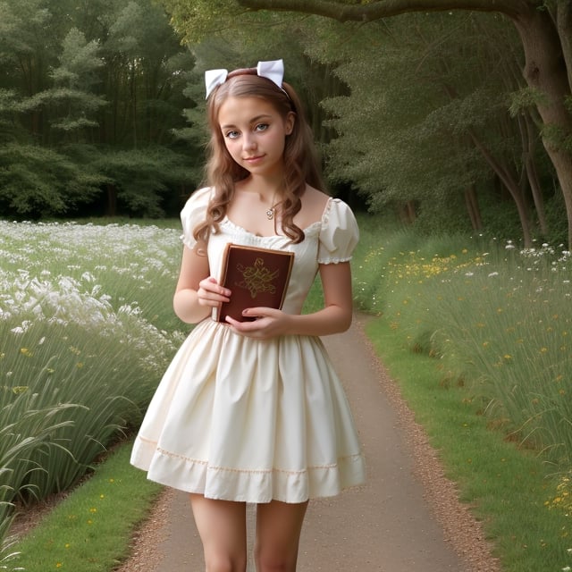 (alice in wonderland: 1.25), baroque, cute, colorful fantastic, outdoors (forest), (depth of field: 1.25), (alone), (1 girl), ((golden hair)), ([messy] long hair), (hairband with bow), blue eyes, bow, maid dress (blue+white), white pantyhose, (dramatic angle: 1.2), looking to side, books, clock, teapot, [plate], coffee cup, floating, lily (flower),(dessert:1.2),flower meadows, (ultra-detailed:1.2),(illustration:1.25), VaneL