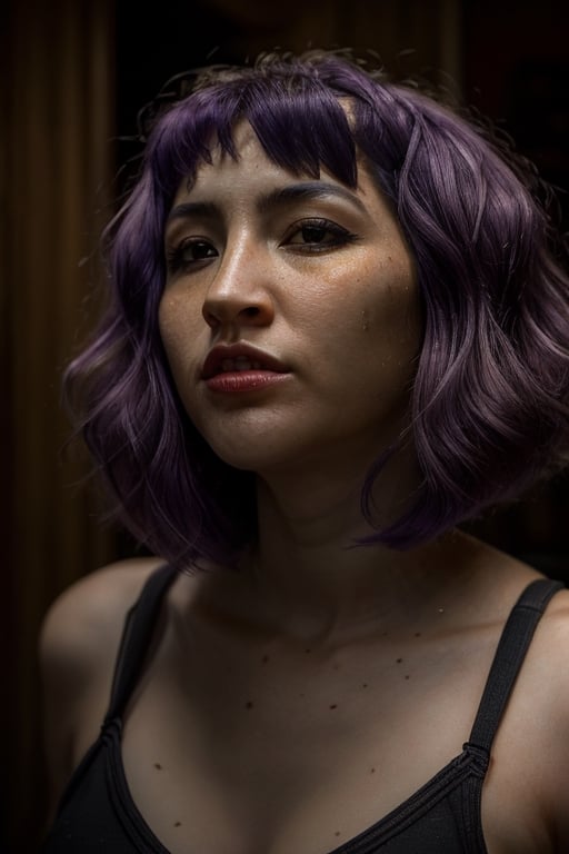 very detailed photo of a woman, general detail, skin detail, female focus, hair detail, short hair, violet hair