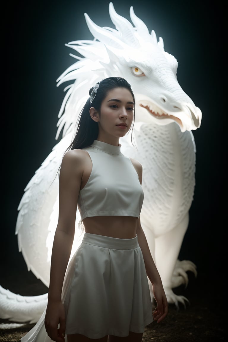 A 20-year-old girl with slicked-back hair stands tall in a white tone setting, surrounded by an ethereal aura. Behind him, a majestic white dragon rises from the shadows, its scales glistening like moonlit ice. Inspired by Hayao Miyazaki's Spirited Away, this surreal fantasy scene exudes otherworldly charm. Shot on Fujifilm XT4, the upper body is bathed in soft, Lofi light, capturing every detail of this enigmatic young woman and his mystical companion.