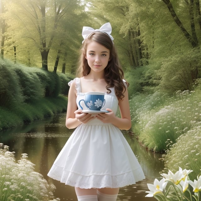 (alice in wonderland), baroque, cute, colorful fantastic, outdoors (forest), (depth of field: 1.25), (alone), (1 girl), ((golden hair)), ([messy] long hair), (hairband with bow), blue eyes, bow, maid dress (blue+white), white pantyhose, (dramatic angle: 1.2), looking to side, books, clock, teapot, [plate], coffee cup, floating, lily (flower),(dessert:1.2),flower meadows, (ultra-detailed:1.2),(illustration:1.25), ,AndreRin00