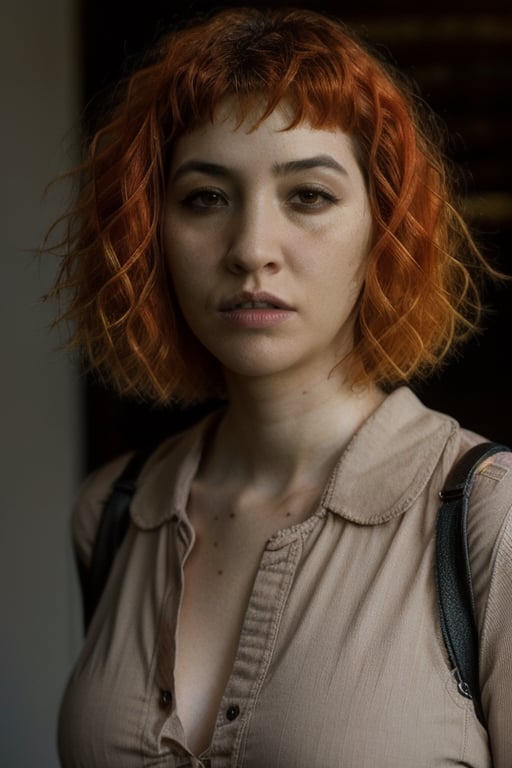 very detailed photo of a woman, general detail, skin detail, female focus, hair detail, short hair, orange hair,