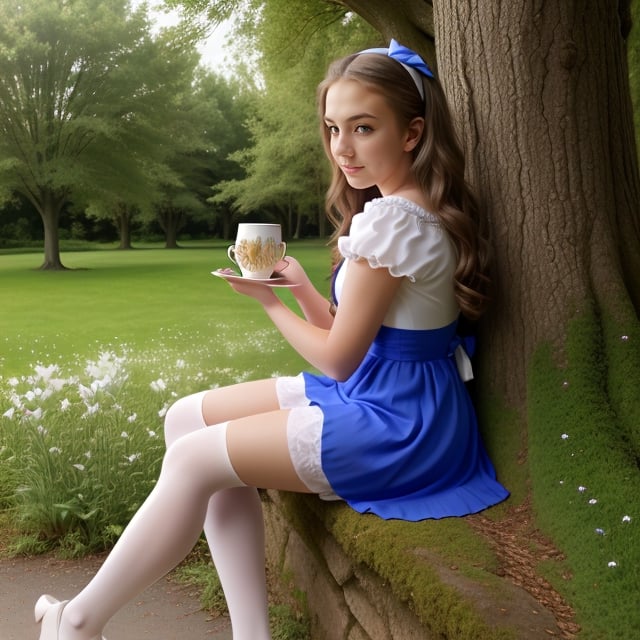 (alice in wonderland), baroque, cute, colorful fantastic, outdoors (forest), (depth of field: 1.25), (alone), (1 girl), ((golden hair)), ([messy] long hair), (hairband with bow), blue eyes, bow, maid dress (blue+white), white pantyhose, (dramatic angle: 1.2), looking to side, books, clock, teapot, [plate], coffee cup, floating, lily (flower),(dessert:1.2),flower meadows, (ultra-detailed:1.2),(illustration:1.25) ,CamiCamTA