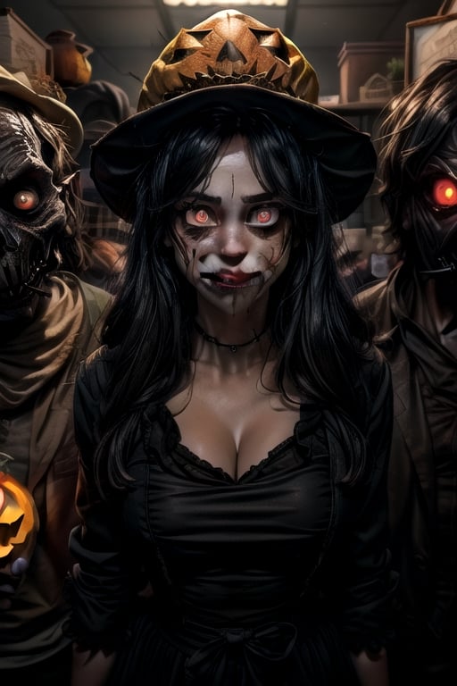 (masterpiece, premium quality, best quality, beautiful and aesthetic), extremely detailed, hyper-realistic, (Cinmatic:0.7), (Dark and intense:1.2), wide shot, detailed face, "A ((woman with pumpkin head, scarecrow body, cap, standing inside the office)), glowing eyes and sharp teeth, foggy, haunting, Halloween style, The (office) was transformed into a haunted maze, with pumpkin-headed monsters of all shapes and sizes lurking around every corner, their sharp teeth and glowing eyes sending shivers down your spine. ,((More details)),AS1-10V1,krsch1-10