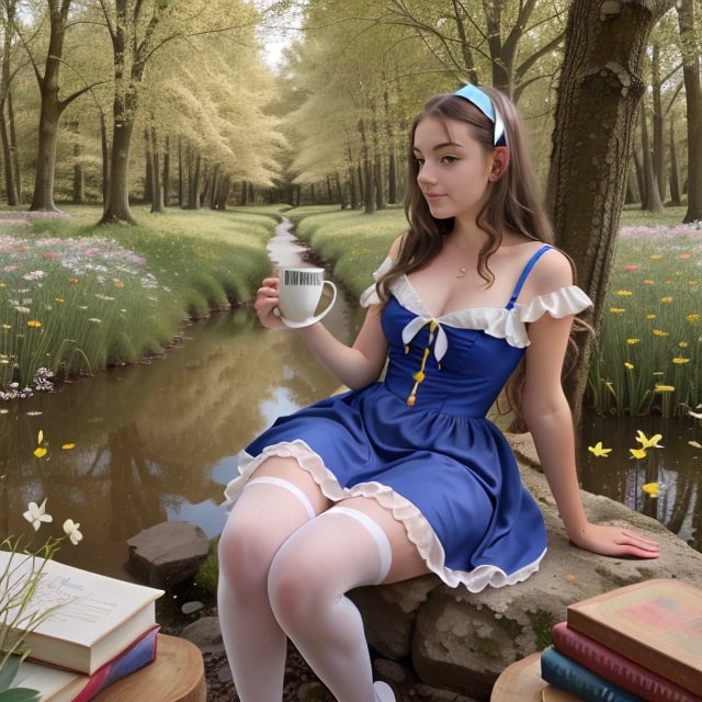 (alice in wonderland), baroque, cute, colorful fantastic, outdoors (forest), (depth of field: 1.25), (alone), (1 girl), ((golden hair)), ([messy] long hair), (hairband with bow), blue eyes, bow, maid dress (blue+white), white pantyhose, (dramatic angle: 1.2), looking to side, books, clock, teapot, [plate], coffee cup, floating, lily (flower),(dessert:1.2),flower meadows, (ultra-detailed:1.2),(illustration:1.25) ,MagicPerez