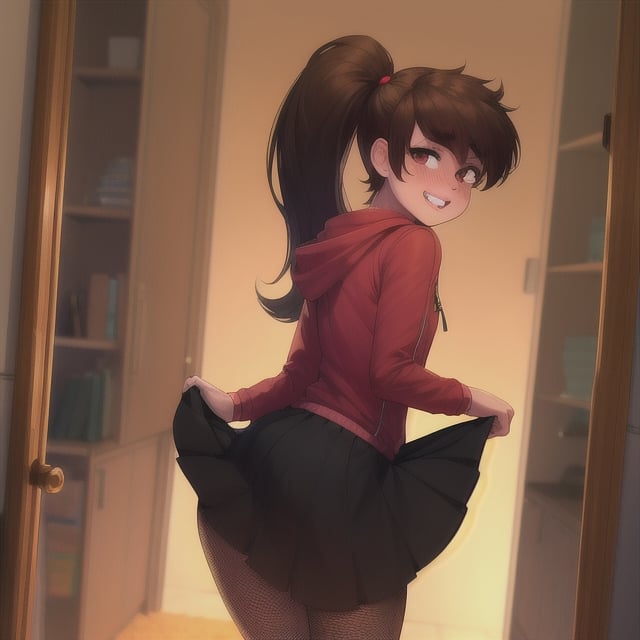 (8k uhd, masterpiece, best quality, high quality, absurdres, ultra-detailed,detailed background,vibrant colors),perfect lighting,1boy,solo, otoko no ko, ,PrincessMario,mole under eye, ponytail,brown hair,long hair,skirt,skirt lift,fishnet pantyhose,red jackets,flat chest,small penis,testcles,blushing,