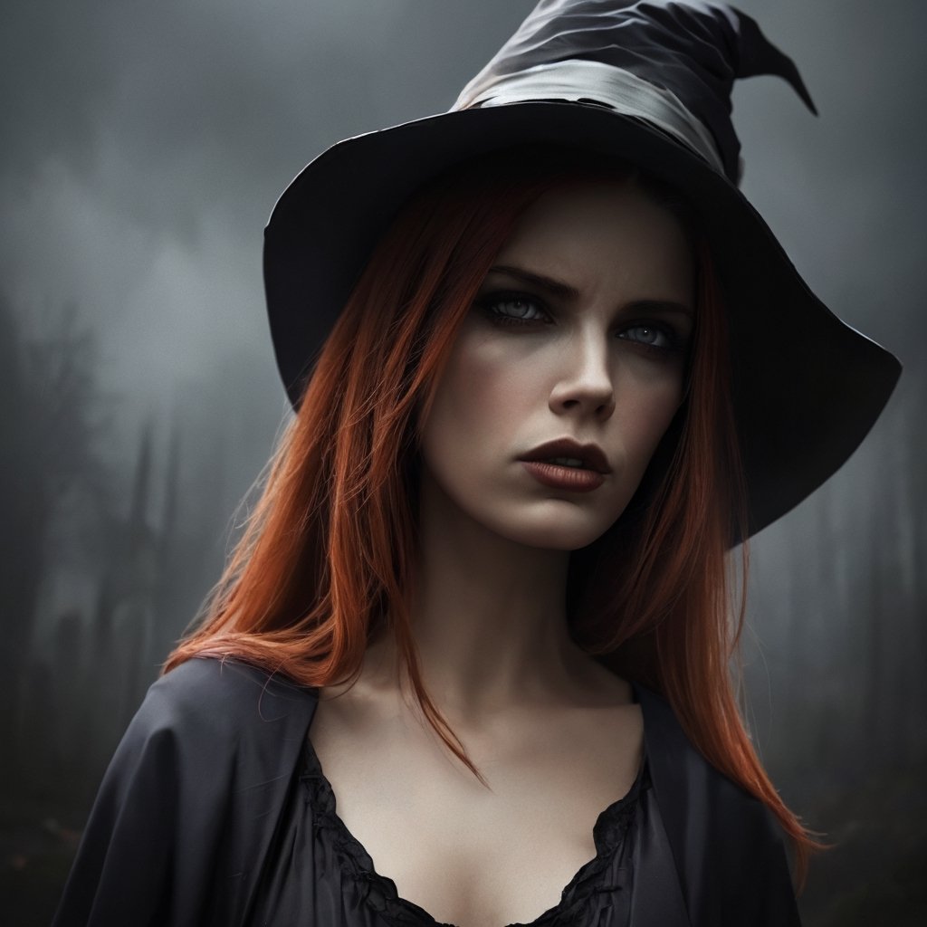 ((ultra detailed)),((Epicrealism)), 4k, a beautiful witch with a pointed hat, half turn, gothic fashion, symbol details, extremely detailed image, occult symbology, abstract atmosphere, (surreal to the max), definition, illustration, highly detailed, desolation, depressive weather, gloomy, very low light, underworld with ancient details, brilliant cinematic image, impressively intricate, meticulously detailed, dramatic atmospheric, maximalist digital matte painting, darkness, gloomy atmosphere, horror atmosphere, bloody art, nasty, 1 redhead woman, realistic, vivianac