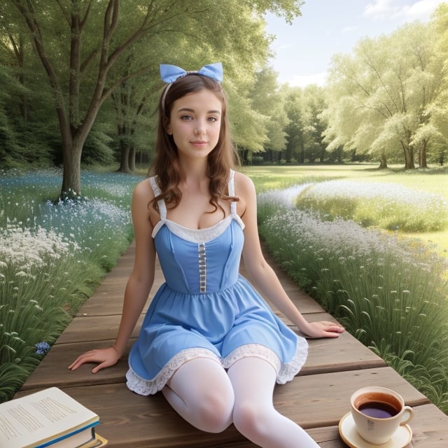 (alice in wonderland), baroque, cute, colorful fantastic, outdoors (forest), (depth of field: 1.25), (alone), (1 girl), ((golden hair)), ([messy] long hair), (hairband with bow), blue eyes, bow, maid dress (blue+white), white pantyhose, (dramatic angle: 1.2), looking to side, books, clock, teapot, [plate], coffee cup, floating, lily (flower),(dessert:1.2),flower meadows, (ultra-detailed:1.2),(illustration:1.25), ,AndreRin00